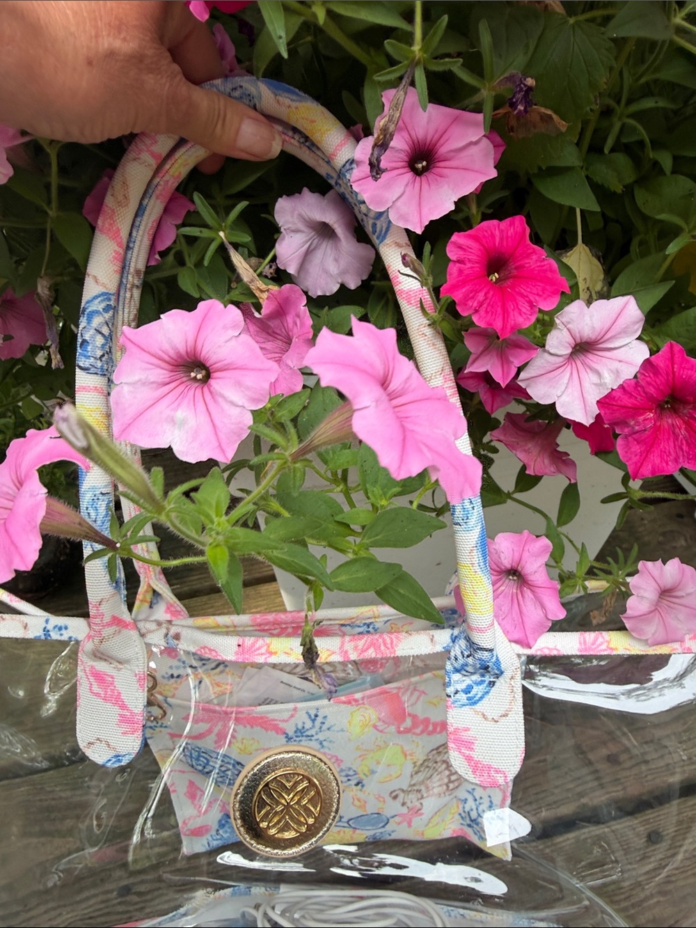 Lilly Pulitzer Clear Tote with Pastel Pink Blue and White Floral Trim